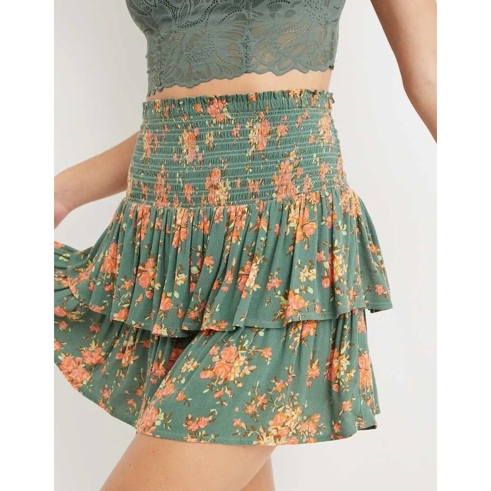 Aerie Frills N Thrills Mini Skirt Green Floral Women’s Medium